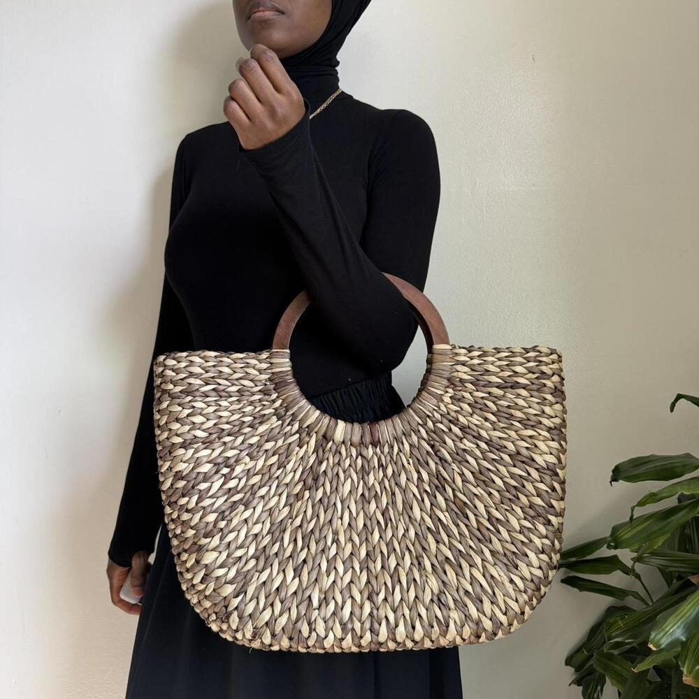 Woven Straw Tote Bag with Wooden Handles - Natural Brown